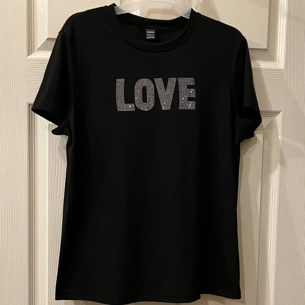 SHEIN Black Tee with Silver Rhinestone LOVE